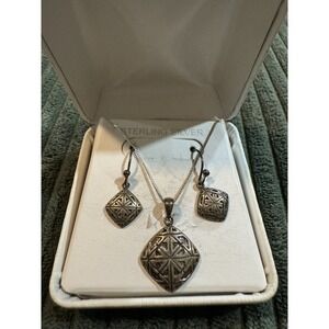 Vintage CH Stamped 925 Sterling Silver Geometric Pendant Necklace & Earrings Set
